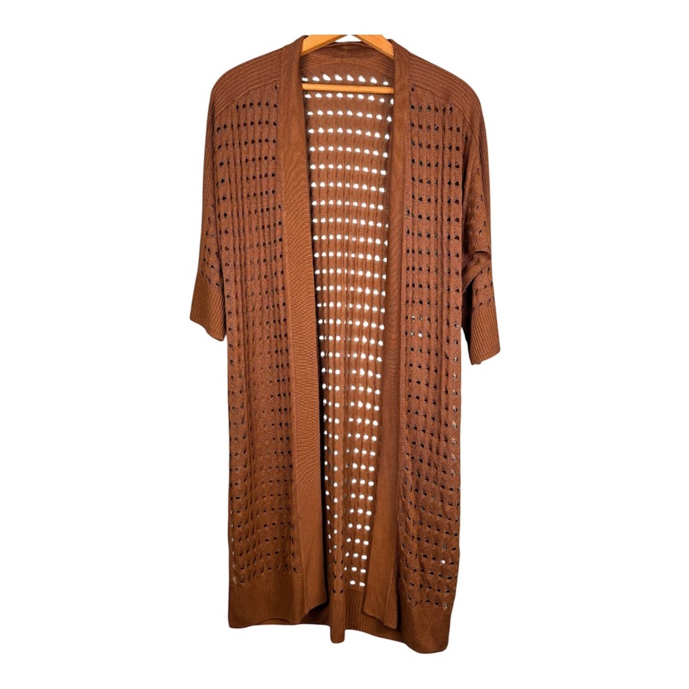 Rust Brown Open Knit Duster Cardigan Longline Eyelet Pointelle Sweater L/XL